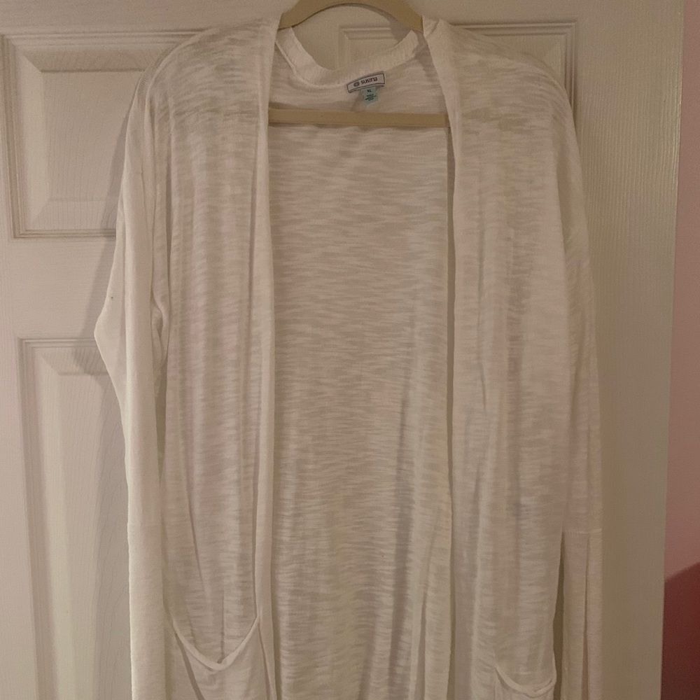 White, mid length light weight sweater cardigan